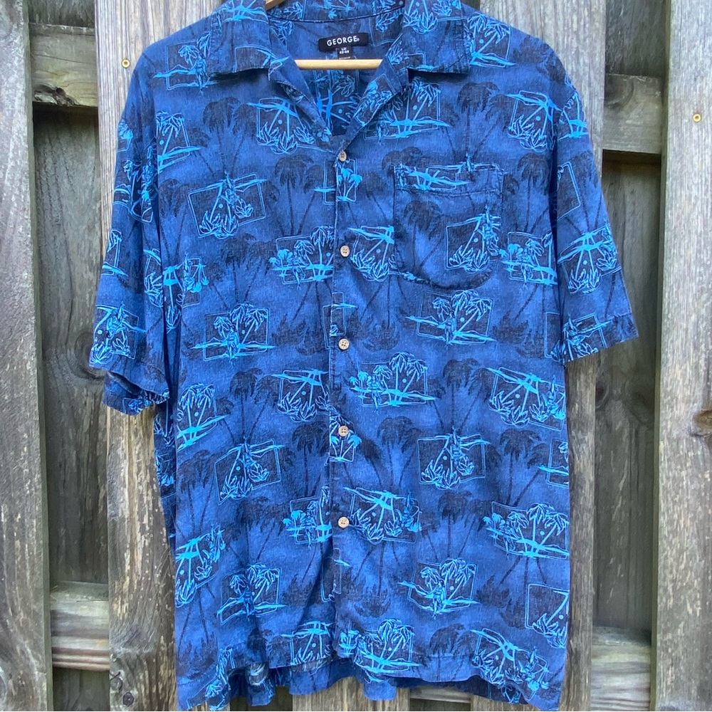 George L Blue Palm Tree Hawaiian casual Button down collared pocket shirt